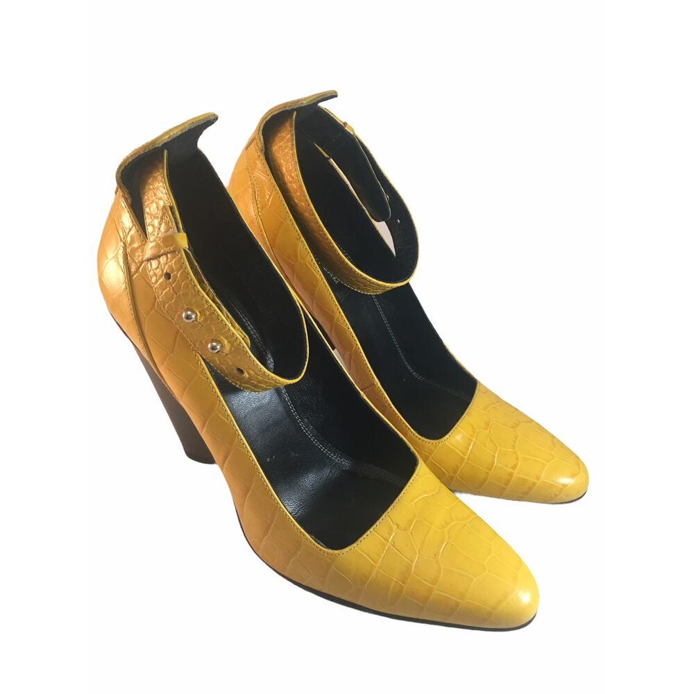 Derek Lam Tarin Yellow Crocodile Embossed Leather Ankle Strap Pumps